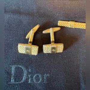 Dior Vintage Gold-Tone Cufflinks & Tie Bar Set with Original Dior Pouch